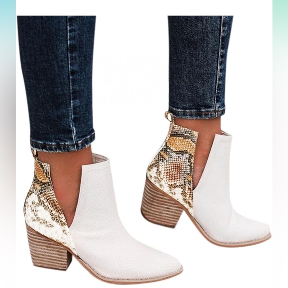 Women's White and Snake Print Ankle Boots